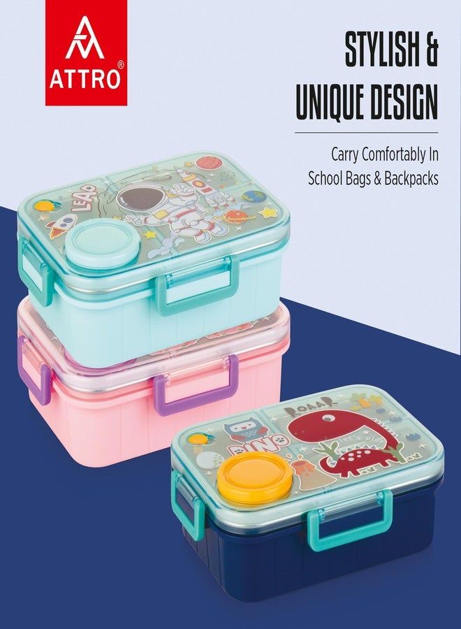 ATTRO Bestie Kids Lunch Box Dinosaur Printed with Inner Stainless Steel 3 Compartment 1 Small Container Air-Tight Leakproof BPA Free 750ml+80ml- Dark Blue - Image 4
